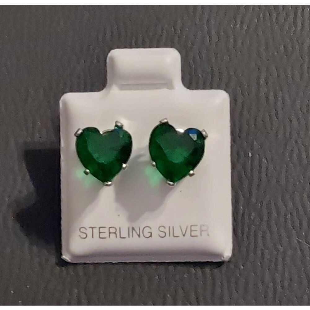 Gorgeous 2 Carat Heart Cut Lab Created Emerald Stud Earrings~.925 SS